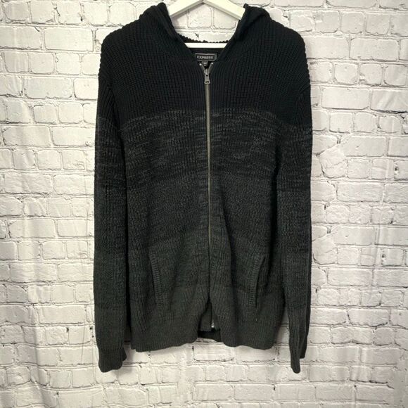Express Men's Full Zip Hooded Sweater Size XL Black Gray - Picture 1 of 9